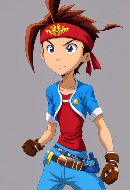 score_9, score_8_up, score_7_up, brown hair, spiked up hair, blue eyes, red headband with golden design, a red shirt, blue pants, light blue jacket, gloves, brown gloves