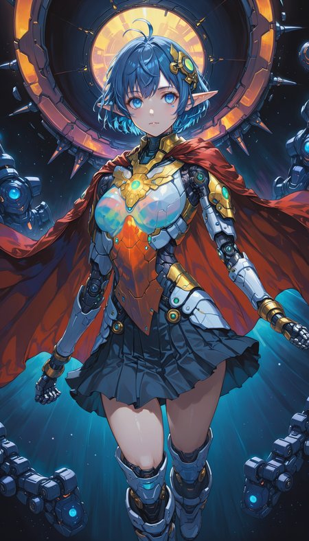 <lora:yukihiro_kajimoto_so2r_xl:0.8> <lora:IOS_Iridescent_opal_style:0.6> star ocean, 1girl, rena lanford, ahoge, armor, blue_eyes, blue_hair, boots, cape, full_body, hair_ornament, pleated_skirt, pointy_ears, short_hair, [woman:robot joints:0.6], [armpits:mecha:0.5], [evangelion:cyberpunk edgerunners:0.5], [lens flare:opal:06], intricate detail, cinematic lighting, amazing quality, amazing shading, detailed Illustration, official artwork, wallpaper, official art, extremely detailed eyes and face, beautiful detailed eyes, ((masterpiece, best quality)), (from behind), upper body, (thigh gap)