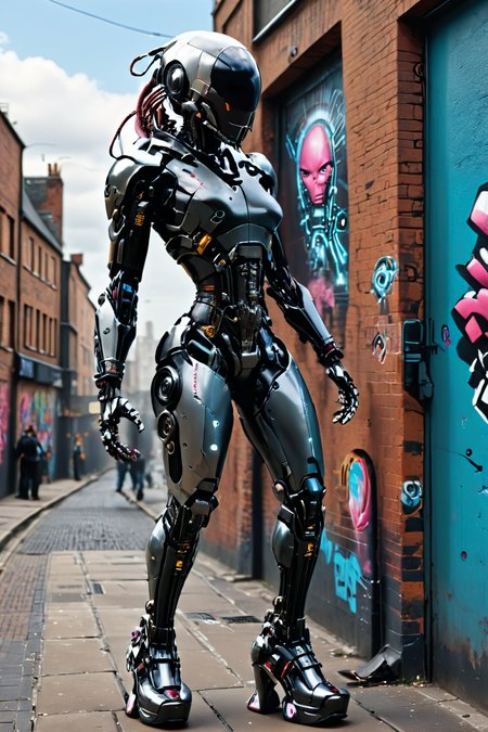 RAW photo of a <lora:madpunk:0.8> madpunk <lora:just_another_Cyborg_LoRa_SDXL:0.8> c1bo cyborg (Kicking up heels, carefree playfulness) at a Augmented reality street art on urban walls, super detail, ultra-realism, <lora:xl_more_art-full_v1:0.3>, <lora:cine:0.7> cin3  ,  <lora:Faceless_Cyborgs:1> noface, cyborg <lora:quality1:1>