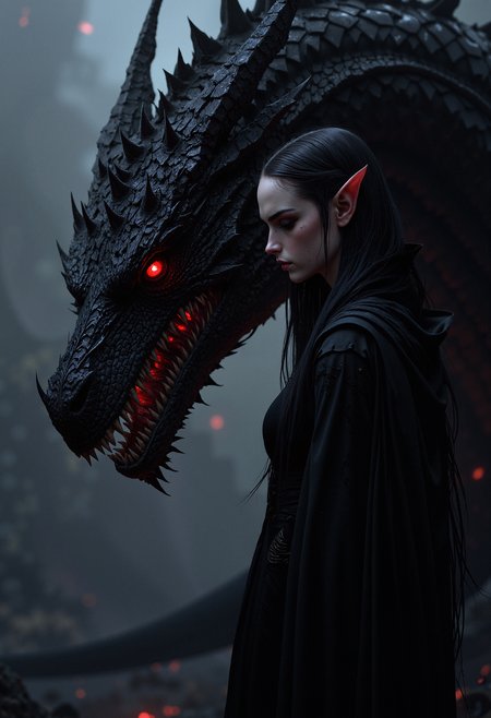 A mysterious dark elf woman with long, straight black hair and pointed ears, standing in profile. Her red, glowing eyes contrast with her pale, almost ghostly skin. She is dressed in a black, high-collared cloak that covers her body entirely. Behind her, a massive black dragon with dark scales looms, its head close to hers. The dragon's eyes are glowing red, matching the woman's, and its expression is menacing with sharp, exposed teeth. The dragon's scales are finely detailed, with sharp ridges along its neck and head, giving it a fearsome appearance. The overall mood is dark and intense, with a strong sense of connection between the woman and the dragon. The background is a soft, blurred gradient from dark to light gray, emphasizing the characters without any additional distractions.  <lora:FluxMythP0rtr4itStyle:0.8> MythP0rt,
