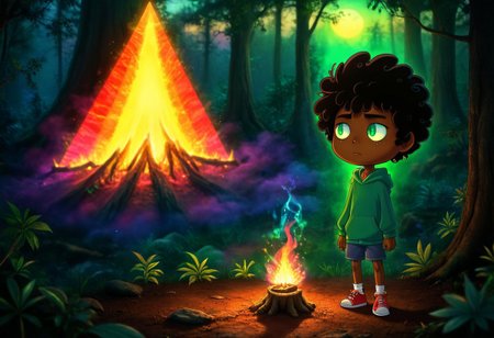 max (camp camp), dark fantasy theme, rainbow colored silhouette outline against a dark background,max (camp camp), 1boy, solo, human, male focus, curly black hair, curly tousled black hair, afro, dark skin, dark-skinned male,  large eyes, round eyes, green eyes,small nose, triangular nose, pointed nose, beautiful forest horror, anime, magical fantasy, plasma pattern, dark lights
,epic, cinematic colors, masterpiece, detailmaximizer, midjourneyv6.1