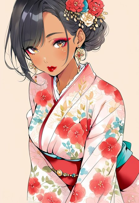 2d, lewd, pastel color, watercolor, lineart, ankymoore, 1girl, solo,kimono,  short hair, simple background, black hair, dress, jewelry, upper body, flower, earrings makeup, floral print, lipstick, red flower, brown background, red lips, print dress, tan background,