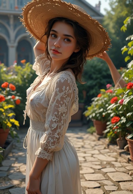 masterpiece, hyperrealistic, epicRealism, UHD, 8k, colorful, 1girl, beautiful, beautiful eyes, long eyelashes, freckles, detailed mouth and eyes, detailed lips, red lipstick, detailed face, perfect and delicate hands, gorgeous girl, cute face, petite, smile, dark eyeliner, beautiful woman,  18 years old, 1 woman, young woman, full height,
full body shot, side view, standing, brown eyes, medium breasts, outdoors, red lips, young woman wearing a louse white silk blouse and a straw hat, stretching in a garden, cinematic, sensual, smile, sharp focus, big depth of field, erect nipples, puffy nipples, dark nipples, sideboob,