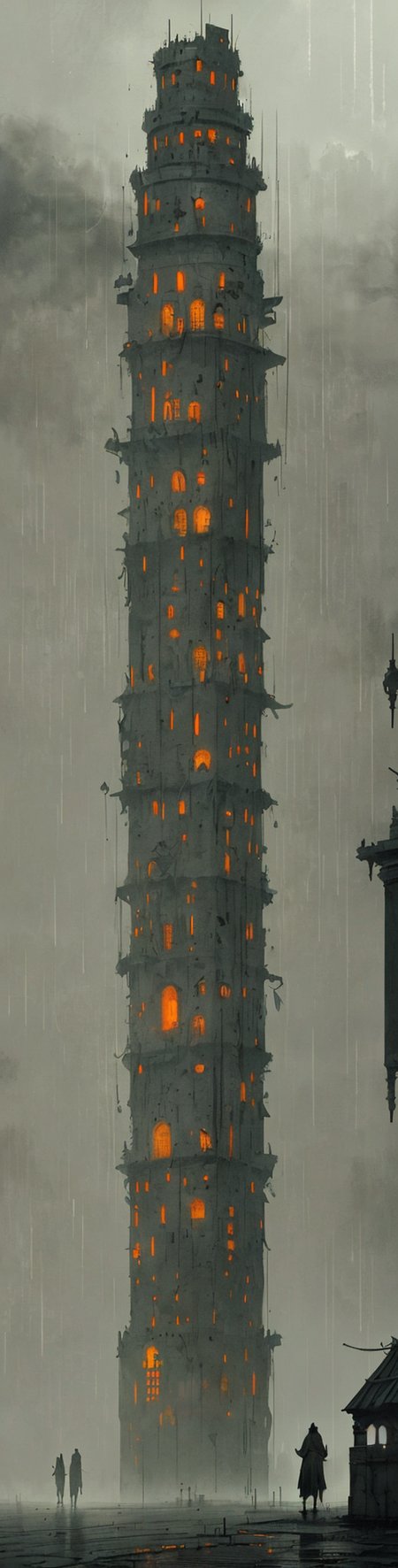 the tower of babylon, night, foggy, rain, gloomy, mysterious, artstation, jakub rozalski, high detail