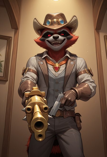 masterpiece, best quality, amazing quality, very aesthetic, absurdres, newest,  high quality, detailed, male, solo male, RocketBH, 1boy, broad shoulders, mature male, anthro, raccoon, animal ears, black and red orange fur, red eyes, red sclera, athletic build, facial hair, cowboy hat, gray vest, gray jacket, cowboy, bounty hunter, holding gun, looking at viewer, grinning, sharp teeth, indoors, detailed face, detailed eyes, volumetric lighting, half body