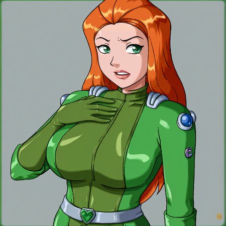 score_9,  large breasts, <lora:MindsEdge_XL:1> mindsedge, e!, portrait,    <lora:brj-sam-ponyXL-v0.5:1> sam \(totally spies\), orange hair, long hair, green eyes,  || green bodysuit, belt