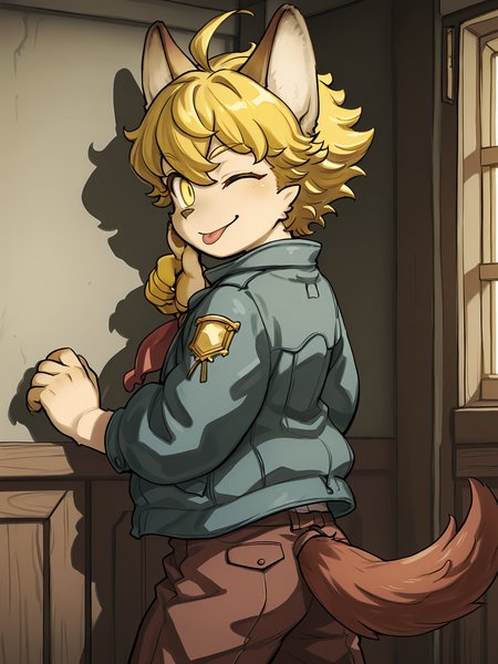 masterpiece, best quality, (absurdres), (highest quality), amazing quality, very aesthetic, no humans,
BREAK, <lora:Malt_Marzipan:1>, malt marzipan, fuga: melodies of steel, young male, 1boy, animal ears, yellow eyes, blonde hair, tail,
BREAK, brown pants, jacket, claws,
BREAK, inside, standing, looking back over shoulder, looking at viewer, smile, wink, tongue out,