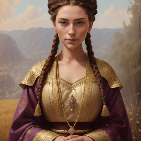 portrait of a young queen with long ((wine color braided hair)), royal guard purple outfit, elegant, regal, fantasy, by George R.R. Martin, detailed landscape, magical, realism, perfect rendered face, perfect face details, oil on canvas, new realism, oil painting, by Sam Toft, by Ilia Repin, by Miles Aldridge