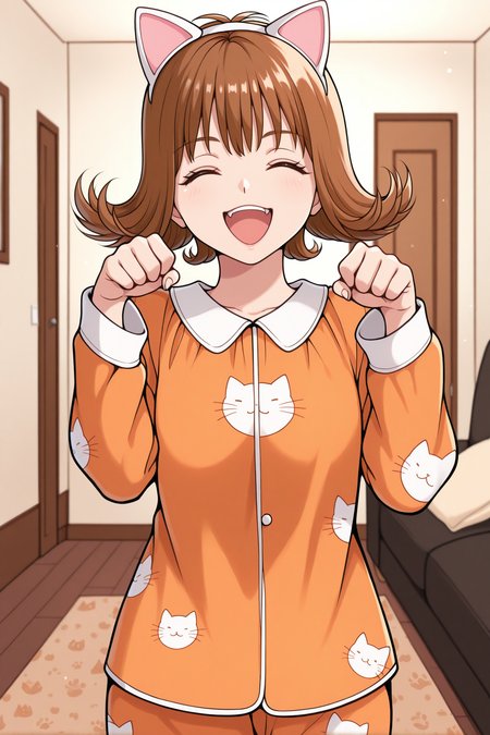 masterpiece, best quality, 1girl, solo <lora:ffselphie-illu-nvwls-v1-000006:1> ff8sphe, brown hair, flipped hair, short hair, fake cat ears, cat print pajamas, paw pose, closed eyes, happy, open mouth, facing viewer, living room