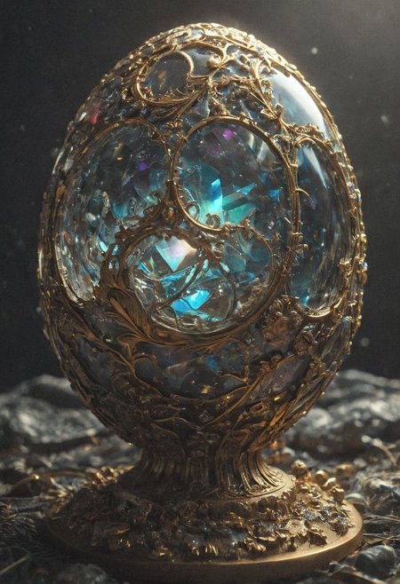 Faberge egg made with crystalline carapace, iridescence color, fine reflection 
Wide range of colors., Dramatic,Dynamic,Cinematic,Sharp details
Insane quality. Insane resolution. Insane details. Masterpiece. 32k resolution.
<lora:add-detail-xl:0.95> <lora:dvr-lnds-sdxl:0.3> dvr-lnds-sdxl <lora:MJ52:0.25> <lora:ral-apoctvisn-sdxl:0.3> ral-apoctvisn <lora:zavy-cntrst-sdxl:0.35> dark, chiaroscuro, low-key <lora:zavy-rmlght-sdxl:0.41> zavy-rmlght <lora:SDXLFaeTastic2400:0.225>