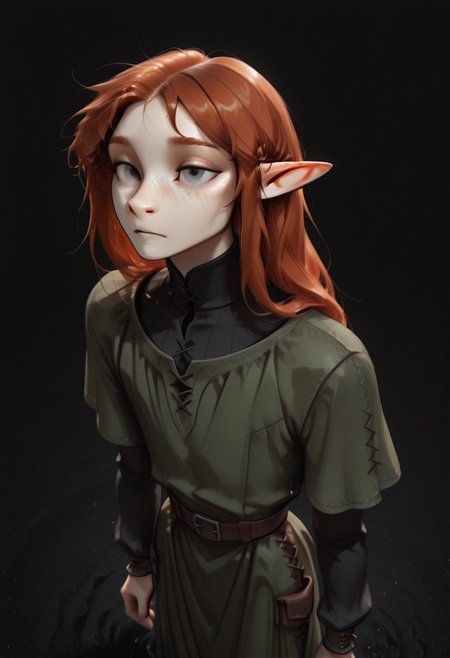 1person, (Lapanya), Malgha, freckles, 2 strands of hair sticking up, pointy ears, Long-sleeve black shirt, green tunic,
high angle, looking around, floating, wrleightless, 
Black background, void background, empty space background,
Source: semi-realistic