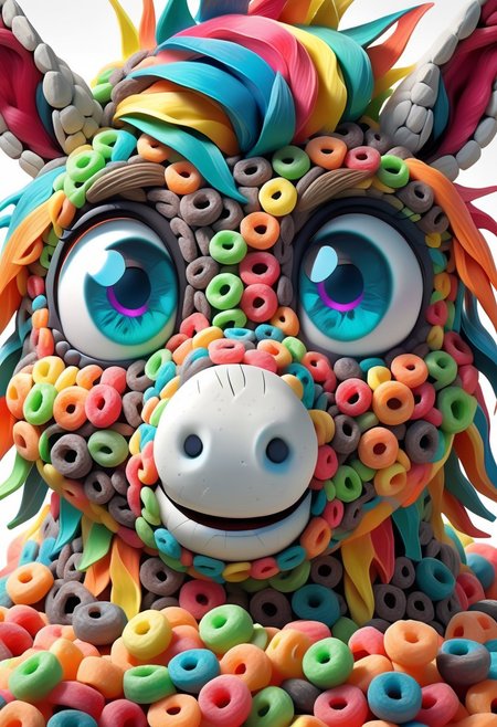 a cute chibby donkey with big rainbow eyes made made of fruit loops, very detailed, 4k, sharp
