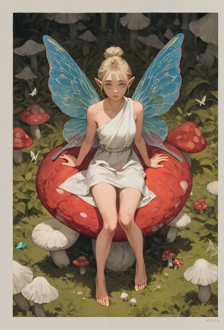 best quality, masterpiece, newest, absurd res, hi res, very awa, fairy, honovy, (mucknagabe:0.7), (blotch:0.7), female, slim, blonde hair, butterfly wings, solo, toga, looking at viewer, innocent, sitting on red mushroom, ethereal, iridescent, postcard, (lineart:0.6), high-angle view, watercolor, illustration, vintage, (art nouveau:0.2),