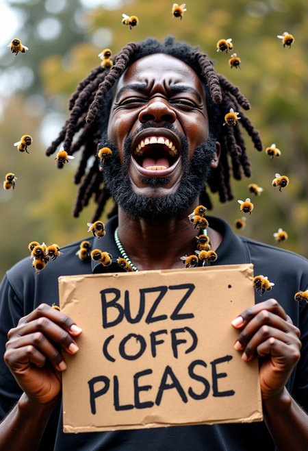 A screaming black man with dreadlocks being swarmed by bumble bees. He looks at the viewer as his body is consumed by bees. He holds a cardboard sign that reads "BUZZ (OFF) PLEASE".