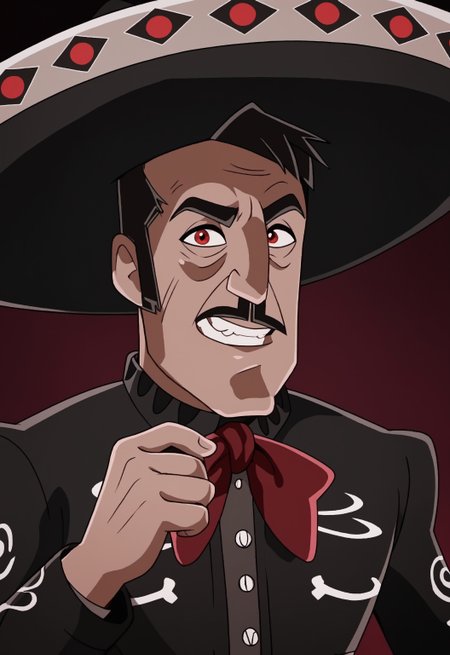safe_pos, safe_pos, score_9, score_8_up, rating_nsfw, ultra hd, absurdres, best quality, best aesthetic, masculine, hand with five fingers, solo, 1boy, male focus, perfect proportions, erotic, mature male, WolfConF,

LLCharroNegro, hat, black hair, red eyes, mustache, black outfit, looking at viewer, grinning, teeth