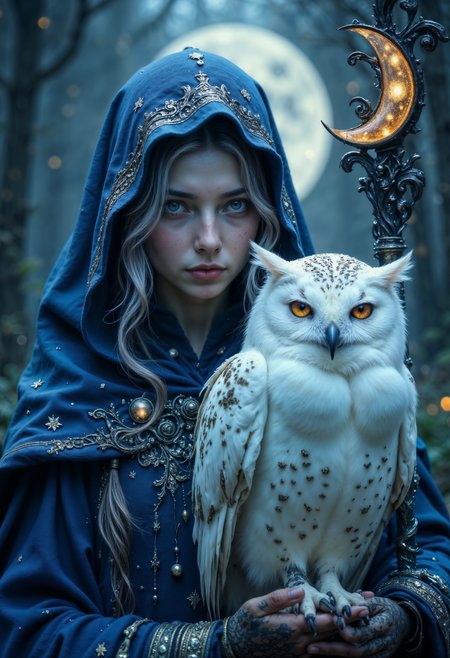 a mystical and ethereal style. The layout is a close-up portrait of a girl with fair skin and striking facial features, including intense eyes and a serene expression. The girl has silver hair and is adorned in a deep blue, starry cloak with intricate silver embellishments. She holds a large, majestic white owl with piercing yellow eyes, which is perched on her arm. The background is a night sky with a full moon, adding to the magical atmosphere. A crescent moon symbol is prominently displayed on a staff held by the girl. The overall composition conveys a sense of mystery and enchantment.