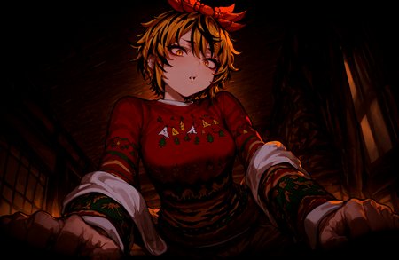 1 girl,  toramaru_shou, 1girl ,animal_print,black_hair ,blonde_hair, breasts , hagoromo, hair_ornament, , long_sleeves, looking_at_viewer ,medium_breasts, multicolored_hair, pants,  shawl, shirt ,short_hair ,solo , streaked_hair, tiger_print, two-tone_hair ,yellow_eyes,
christmas_sweater,  dark, night, indoors,
,Fishine, munakata_(sekimizu_kazuki),dekosukentr,kizuki_aruchu ï¼ireadingï¼kubo_tite_(style) ,
ï¼masterpiece, best quality, newest, absurdres, highres,
<lora:illustrious_noobai_epsilon_pred_1_best_quality_v1:0.4> ,<lora:illustrious_noobai_epsilon_pred_1_masterpieces_v1:0.4>, <lora:illustrious_noobai_epsilon_pred_11_very_aesthetic_v1:0.4>, <lora:ponyv5_noobV065S_1_adamW:0.6>, <lora:add-detail-xl:0.4>, <lora:GEN(illust) 0.2v:0.6>, <lora:USNR STYLE_XL_loha:0.6>, <lora:cfg_scale_boost:0.4>, <lora:christmas_sweater:0.8>