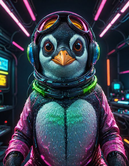 (ombre color scheme of neon pink, neon blue, neon green, neon yellow, neon yellow-red) (in the style of Zdzislaw Beksinski:1.2) (cute:1.25) (anime penguin:1.75) wearing a space helmet sitting at command chair with the lights of the consoles behind, in the style of sci - fi environments, glo - fi, aesthetic, comic, beeple, space background <lora:another-bored-particle:0.55>  <lora:add-detail-XL:0.65>, subsurface scattering, ultra hd, 4k, high def, Photorealistic, Hyperrealistic, Hyper detailed, analog style, realistic, masterpiece, best quality, ultra realistic, 8k, Intricate, High Detail, film photography, soft lighting,  heavy shadow