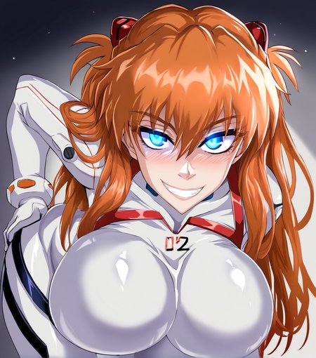 score_9, score_8_up. score_7_up,  uncensored, <lora:puripuri:1>, puripuri_jet, puripuri, score_9, puripuri, 1girl, huge breasts, souryuu asuka langley, plugsuit, blue eyes, interface headset, smile, long hair, white bodysuit, alternate breast size, looking at viewer, grin, hand on own hip, pilot suit, science fiction, glowing eye, orange hair, heterochromia, blush, teeth, leaning forward