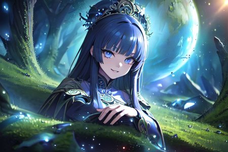(masterpiece:1.4), 4K8K, (anime style), (high shutterspeed:1.4), (sharp edges), 
SyFyEye1, FanFo, 
1woman  hands togather,  leaning foward, face focus, smile, closed mouth, 
wearing Celtic style dress, (Detailed face, Detailed eyes, Detailed lips), (solo), 
Fantastic Forest at fantasy night, Fantastic Planets