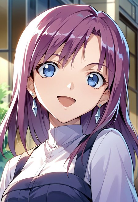 score_9, score_8_up, score_7_up, source_anime, JENNY (BAKUGAN), 1girl, solo, long hair, smile, open mouth, blue eyes, jewelry, purple hair, earrings, senjougahara hitagi