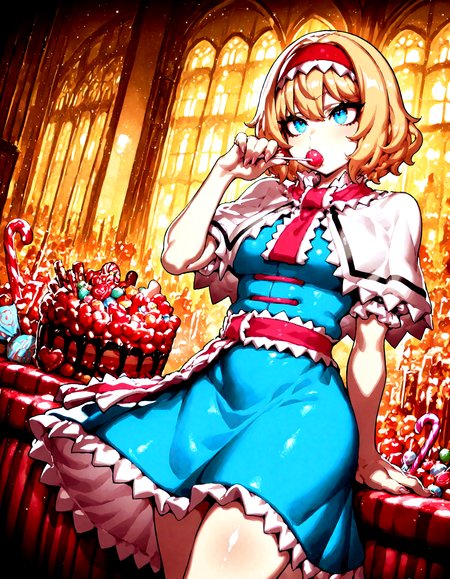 1girl , alice_margatroid , CHRC4ND7,  candy, detailed background,
,Fishine, dekosukentr, ireading:0.7,
,masterpiece, best quality, newest, absurdres, highres,
<lora:illustrious_noobai_epsilon_pred_1_best_quality_v1:0.4> ,<lora:illustrious_noobai_epsilon_pred_1_masterpieces_v1:0.4>, <lora:illustrious_noobai_epsilon_pred_11_very_aesthetic_v1:0.4>, <lora:ponyv5_noobV065S_1_adamW:0.6>, <lora:add-detail-xl:0.4>, <lora:GEN(illust) 0.2v:0.6>,<lora:cfg_scale_boost:0.4>, <lora:Christmas_Candy:1>