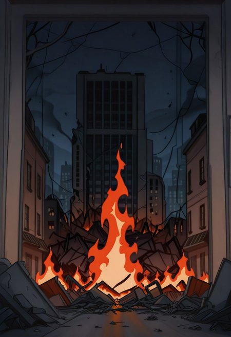masterpiece, best quality,
 <lora:Inusen:1>
1n0s3n, nobody on screen, city destroyed background, drawned in inusen style, night, lots of buildings destroyed, lots of flames, dutch angle of an exterior corridor from a apartment building