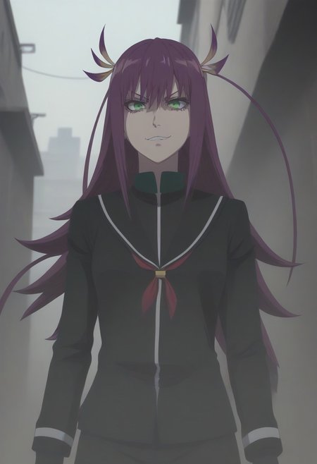 <lora:SlimesKanonIsui:1>, slimes_kanonisui, woman, solo, green eyes, alley background, evil smirk