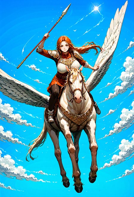 score_9,score_8_up,score_7_up,extreme detailed,full_body,zPDXL3 BREAK sky,flying,1girl,huge breasts,<lora:Pony_DetailV2.0:1>,
pegasus knight,horse,horseback riding,pegasus,long hair,shoulder armor,breastplate,pegasus knight uniform \(fire emblem\),<lora:pegasus knight-v3-pony:0.7>, polearm,holding weapon,smile,closed mouth,