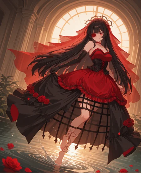 ((ultra-HD, intricate textures, luminous lighting, cinematic ambiance, shimmering gradients, ethereal glow, deep contrast, soft volumetric fog, subtle particles, radiant reflections, rich color tones, seductive atmosphere, captivating sensuality, Cinematic Lighting,Shadow,backlit, backlighting)), udr, 8k, uhd, 
<lora:sk-rosadame_evelyn-v1x1-10:0.7> sk-revelyn, 1girl, black hair, red eyes, red choker, crown_of_thorns, flower over eye, red bridal_veil, torn veil, see-through bridal veil
, black corset_dress, (red short_dress), ((black) high-low skirt), ((crinoline) (under clothes)), black elbow gloves, single glove, bare shoulders, petal_dress
, dutch angle, smile, holding dress, full body, splashing, lake, partially submerged, kicking, happy, smile, barefoot,
