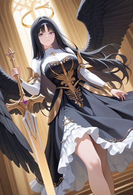 1girl angel, golden halo, long black hair, wispy bangs, purple eyes, black feather wings, frilled armour dress, giant sword, magical, fantasy,
masterpiece, best quality, amazing quality, very aesthetic, absurdres,  newest,