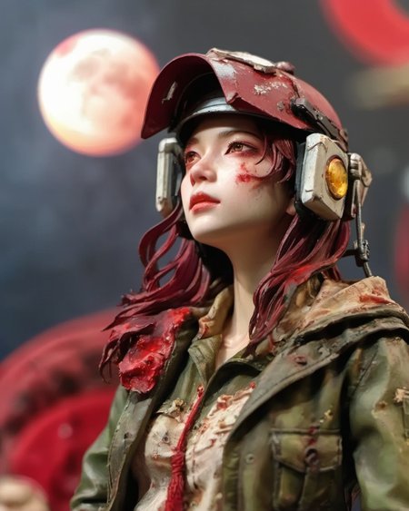 resin material style, close up,  female character, Head-mounted searchlight, Stains after the disaster, details of torn clothes, dark red moon background, fantasy, high level of detail, <lora:è¶ä½¬V1:0.7>