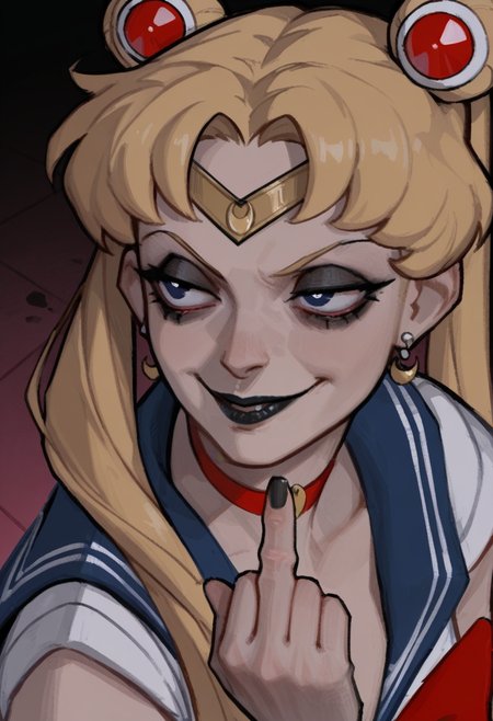 3m1l3style,   masterpiece, best quality, solo,                                                                                                                                                                                               sailor moon, blonde hair, mascara, smug, middle finger, goth, black lipstick,