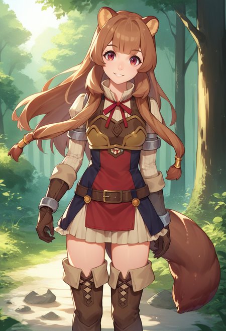 score_9, score_8_up, score_7_up, source_anime, solo, 1girl, raphtaliadef, smile, looking at viewer, standing, animal ears, armor, short dress, neck ribbon, red ribbon, long sleeves, brown gloves, thighhighs, thigh boots, brown belt, raccoon tail, outdoors, forest <lora:shieldhero_raphtalia_ponyXL:1>