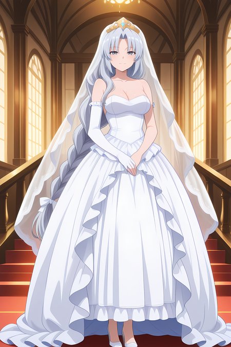 absurdres, highres, masterpiece, best quality, amazing quality, official anime artwork, screencap, anime screencap, indoors, looking at viewer, light smile, 
 <lora:Eirin-Yagokoro_Illustrious:1> yagokoro eirin, 1girl, solo, grey eyes, grey hair, very long hair, braided ponytail, medium breasts,, yagokoro eirin \(white sage of wisdom\), alternate costume, bride, frilled dress, collarbone, veil, tiara, wedding dress, white dress, long dress, long sleeves, frilled sleeves, elbow gloves,high heels, single glove,  white footwear, white gloves