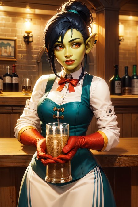 1girl, cowboy shot of shewowgob waitress, green skin, athletic, orange eyes, black hair, tavern indoors, bottles, food, volumetric lighting, best quality, masterpiece, intricate details, realistic  <lora:sxz-goblins-v2:0.7>