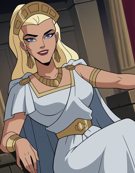 score_9, score_8_up, score_7_up, source_anime,
hippolyta, <lora:hippolyta-dcau-ponyxl-lora-nochekaiser:1>,
hippolyta, long hair, blue eyes, blonde hair, makeup, lipstick,
dress, jewelry, earrings, cape, white dress, necklace, crown, tiara,
indoors, throne, sitting, smile,
cowboy shot, looking at viewer, solo, dutch angle,