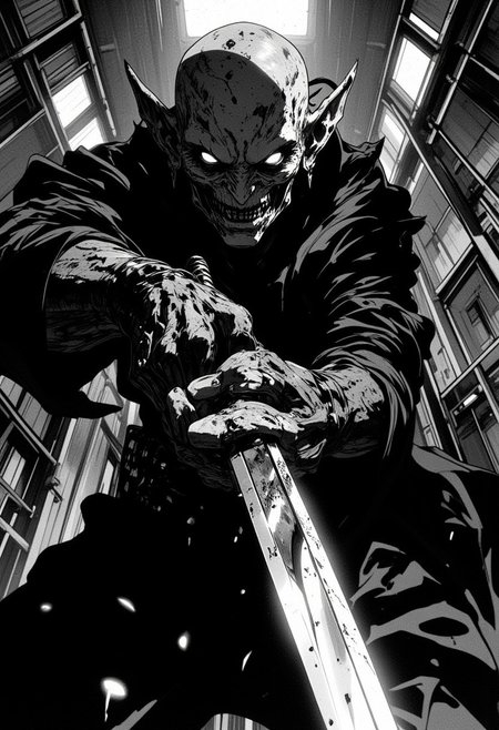 intense and eerie moment of confrontation in a stark, high-contrast monochrome style. The perspective is an extreme low angle, emphasizing the unsettling dominance of the central figure—a grotesque, humanoid creature with an unnatural face stretched into asymmetry. Its wide, unblinking eyes are filled with uncanny intensity, and its twisted features exude both pain and menace. The creature wields a sleek, reflective blade, dripping with an ambiguous substance, and its elongated, sinewy fingers clutch the weapon tightly. Its skin is textured with jagged scars and unnatural grooves, adding to its nightmarish appearance.
The background hints at a grim, industrial setting with sharp geometric lines and the claustrophobic feel of metallic walls, flickering lights, and narrow corridors. Harsh shadows play against the creature’s distorted figure, heightening the surreal tension. The entire scene immerses the viewer in dread, capturing a visceral, cinematic moment of impending violence.