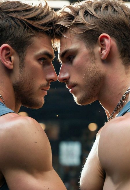 kyle ross, male focus, 2men, full bodies of two handsome 18yo blonde twinks hugging and kissing, close up of faces kissing, holding each other, hugging from behind, face focus, dynamic posture, dramatic angle, camera angle from above, shirtless, stubble, hands around chest, dog collar, neck collar, long chain necklace, shirtless, kinky,
skinny muscled, slender muscled, skinny, slender features, narrow shoulders, detailed armband tattoo, cute face, boyish face, perfect biceps, bicep veins, bulging veins, defined veins, great pecs, thin waist, angular face, strong and powerful, sporty, predatory look, feathered hair, tousled hair, messy hair, shoulder length hair, great detail, satisfaction, blue eyes, bubble butt, small ass, small butt, tight shorts, 
(Masterpiece, high quality:1.3), masterpiece, depth of field, bokeh, detailed, homoerotic, (homoerotic), highly detailed, sharp focus, intricate, smooth, elegant, fantasy, cinematic lighting, cinematic, masterpiece, matte, photorealistic, 4k, beautiful, volumetric lighting, dramatic, photo-realistic, life-like, high detail, lighting, 8Knematic lighting, 8K, contrast lighting, contrasting lighting, cinematic lighting,
