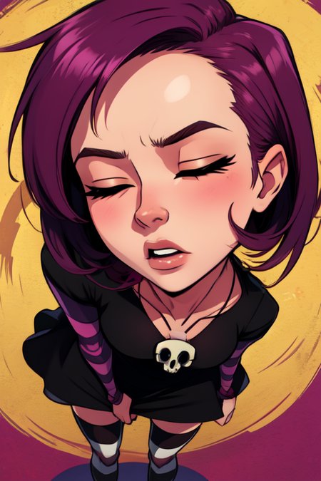 Gaz, short pin  hair, closed eyes,   standing,  sharp hair, 
GAgoth, black dress, skull necklace, striped thighhighs,striped sleeves, 
(insanely detailed, beautiful detailed face, masterpiece, best quality)  <lora:Gaz:0.8>