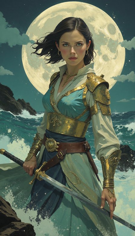 crayon,glow, One subject,  dynamic three-quarter shot, medium shot.  Ethereal, painterly aesthetic with muted teal, gold, and cream palette.  Flowing garments with incandescent gold filigree.  Billowing hair, luminous skin, piercing blue eyes. Gripping ornately embellished sword. Poised before gargantuan moon low on horizon over roiling sea.   Emphasize luminescence, flowing fabrics, and resolute expression.  Background: turbulent, ethereal seascape beneath oversized moon. Add iridescent clouds reflecting moonlight on the water's surface. Accentuate windswept hair and billowing cloak.  Refined lighting from moon, enhancing subject and scene's otherworldly quality.