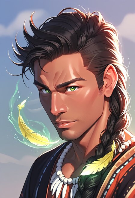 score_9, score_8_up, score_7_up, close up,  <lora:neonifr:0.8> dispersion effect, wind energy, green light aura, fragments dispersing, radiating air flow, glowing, luminous, wind-like texture, tornado, neonifr
BREAK
adult male Native American. Handsome men, tan skin. Bright green-hazel eyes. Very long black hair, multiple braids with feathers and beads. Boho braids. Sci-Fi native american clothes. 
BREAK, full body portrait, looking at camera, photorealism,