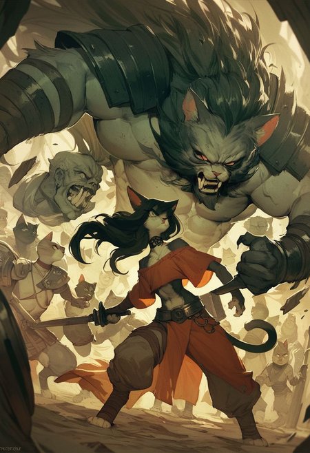 score_9, score_8_up, score_7_up, (cat girls), dystopian future, in a big gladiator arena, anthro, skinny, fighting a duel, holding a sword and shield, fierce and raging, long hair, choker, oversized clothes, dutch angle, alternate hairstyles, growling