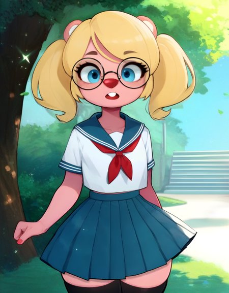 park, (((solo))) 1girl beaver loopy_plush, glasses, blue_eyes, blonde twintails, serafuku skirt, fku anime, standing, thighhighs, wide_hips, cute