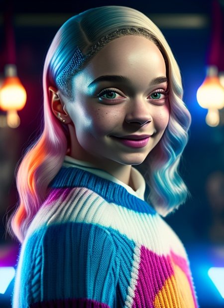 3N1DS1NCL41R, award winning waist up photo of Enid Sinclair, masterpiece, best quality, highest quality, (realistic lighting:1.004), nsfw, light particles, low angle, perfect face, intricate (high detail:1.1), official art, (1girl solo), sharp focus