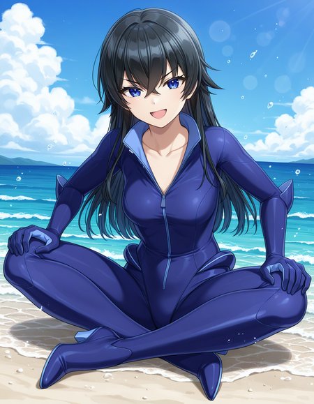 1girl, solo, hagane otsuki, black hair, long hair, hair between eyes, blue eyes, v-shaped eyebrows, smile, open mouth, Otsuki_Uniform, blue bodysuit, collarbone, elbow parts, zipper, blue heels, indian style, hands on knees, sitting on beach, light theme, blue sky, cloud, sea, waves, water splash, outdoors <lora:hagane_otsuki_ilxl_v1-1:0.8>