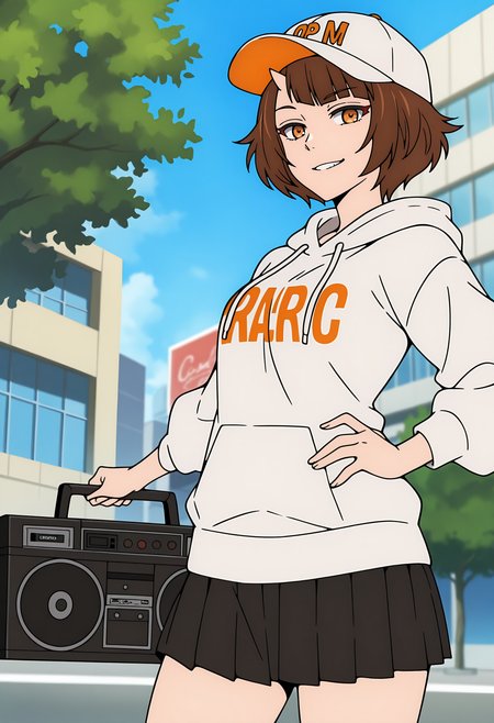 anime screencap, masterpiece, best quality,
<lora:TowerOfGod_Endorsi_IlluXL:0.9>,
1girl, solo, closed mouth, light smile, grin,
short hair, blunt bangs, brown hair, orange eyes, single horn,
streetwear, baseball cap, white headwear, white hoodie, long sleeves, clothes writing, pleated skirt, miniskirt, black skirt,
boombox,
outstreched arms, hip hop,
aged up, looking at viewer, cowboy shot,
outdoors, building, tree, blue sky, blurry background