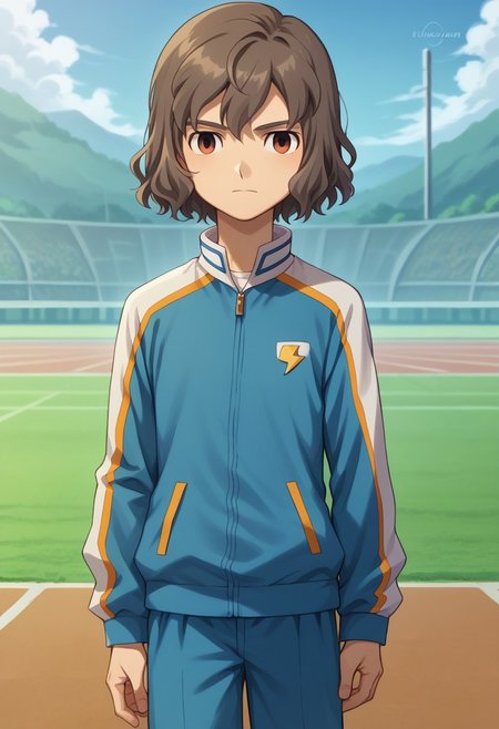 score_9, score_8_up, score_7_up, source_anime, highly detailed, 

takuma, 
1boy, male focus, solo, grayish-brown hair, brown eyes, sportwear, jacket, track jacket, raimon, galaxy track suit,

outdoor, 
