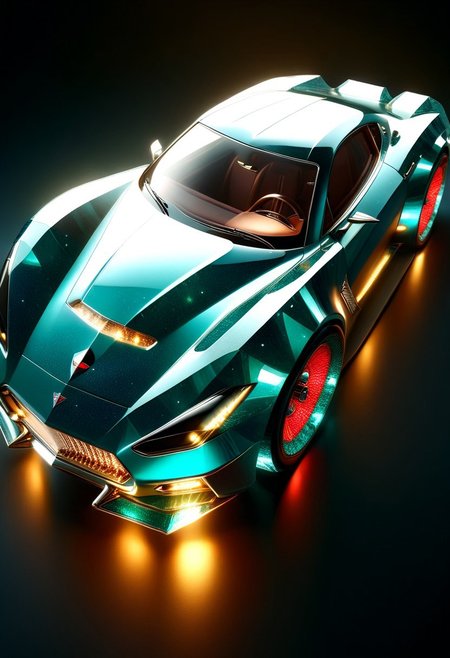 A futuristic car made entirely of transparent crystal that has  hints of a 1955 Corvette sting ray convertible. It is  entirely made out of transparent red glass crystal with a depth that reflects what looks like the universe of galaxies and stars, ultra detailed, enhanced, prismatic colors, render, CRU, sharp, 8k, octane render, cinema 4d, blender, dark, atmospheric 4k ultra detailed, cinematic, Sharp focus, big depth of field, Masterpiece, colors, 3d octane render, 4k, concept art, hyperrealistic, Vivid colors, extremely detailed 8k wallpaper, Intricate, High Detail. Car has square LED headlights, a glowing LED Sting Ray  emblem. LED running lights  Car is in a futurist high tech dealer showroom on a circular platform that is lit from below. The car has several spotlights on it which only enhance the crystal.  camera is looking down and sideways as the car. emeraldmorph