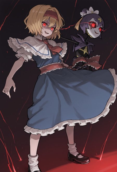 best quality, hires, thick outlines,

1girl, solo, hinase (cookie), (alice margatroid:0.5),
hair between eyes,
short hair, blonde hair,
red hairband,
white capelet, frilled capelet,
red necktie,
blue dress,
red sash, frilled sash,
white socks,
mary janes,

glowing eyes, eye trail,
evil smile, open mouth,

marionette,
white flower,